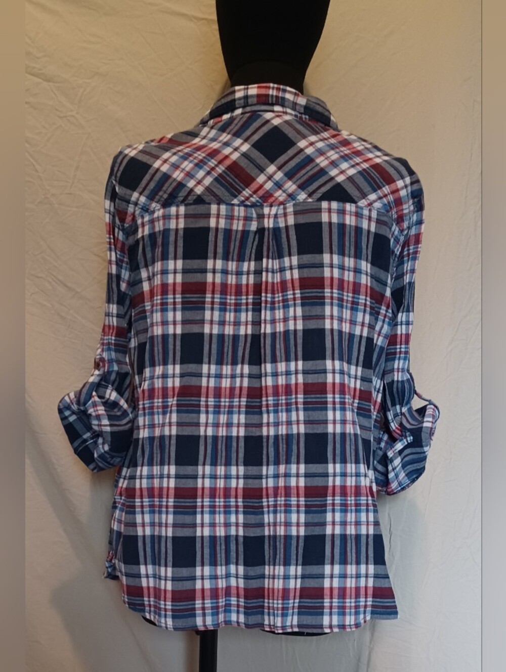 Catherines Red, Navy & Light Blue Plaid Button-Up Utility Shirt Blouse - Picture 7 of 12